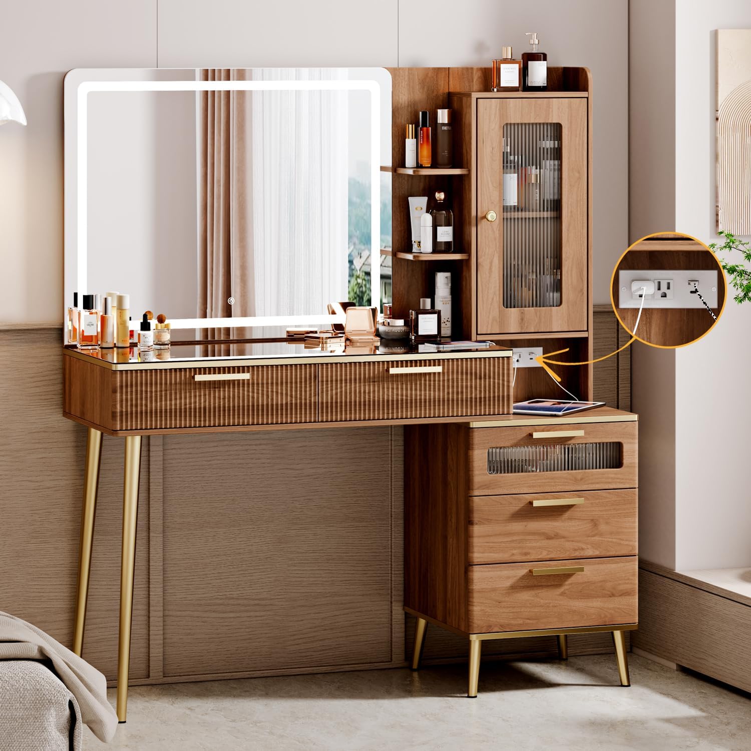 Desk Charging Station - Bedroom Vanity Desk in Brown, Wood