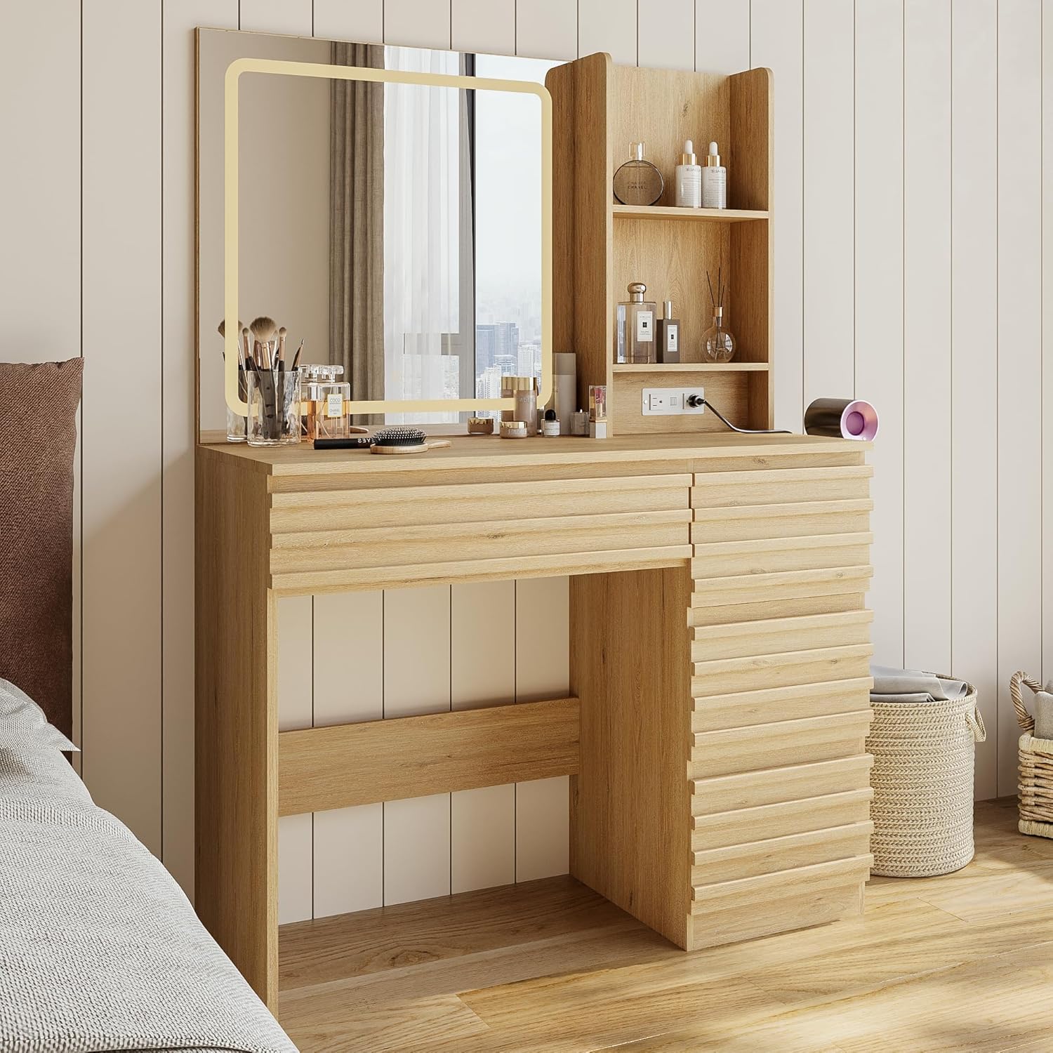 Bedroom Vanity Desk Set in Oak - Desk Charging Station 评论和价格