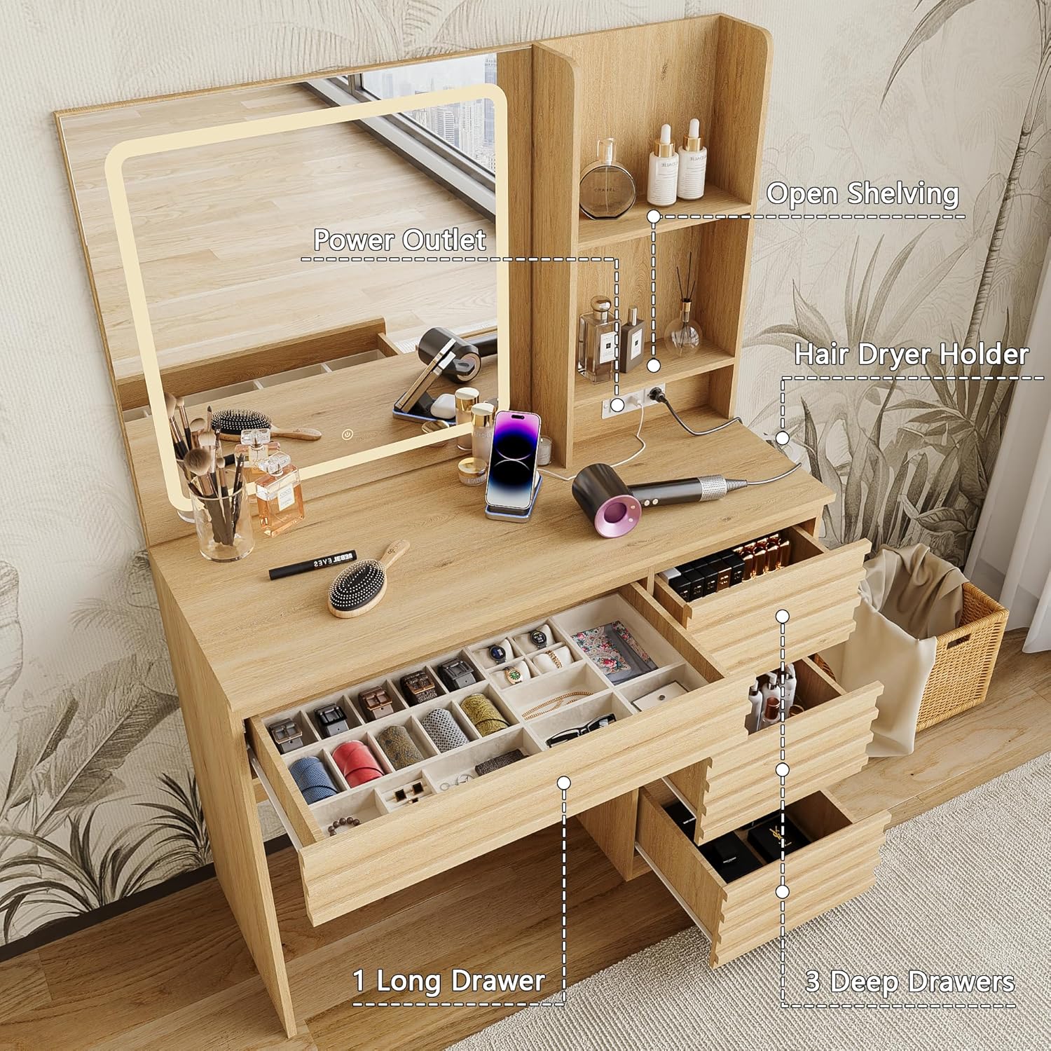 Bedroom Vanity Desk Set in Oak - Desk Charging Station 评论和价格