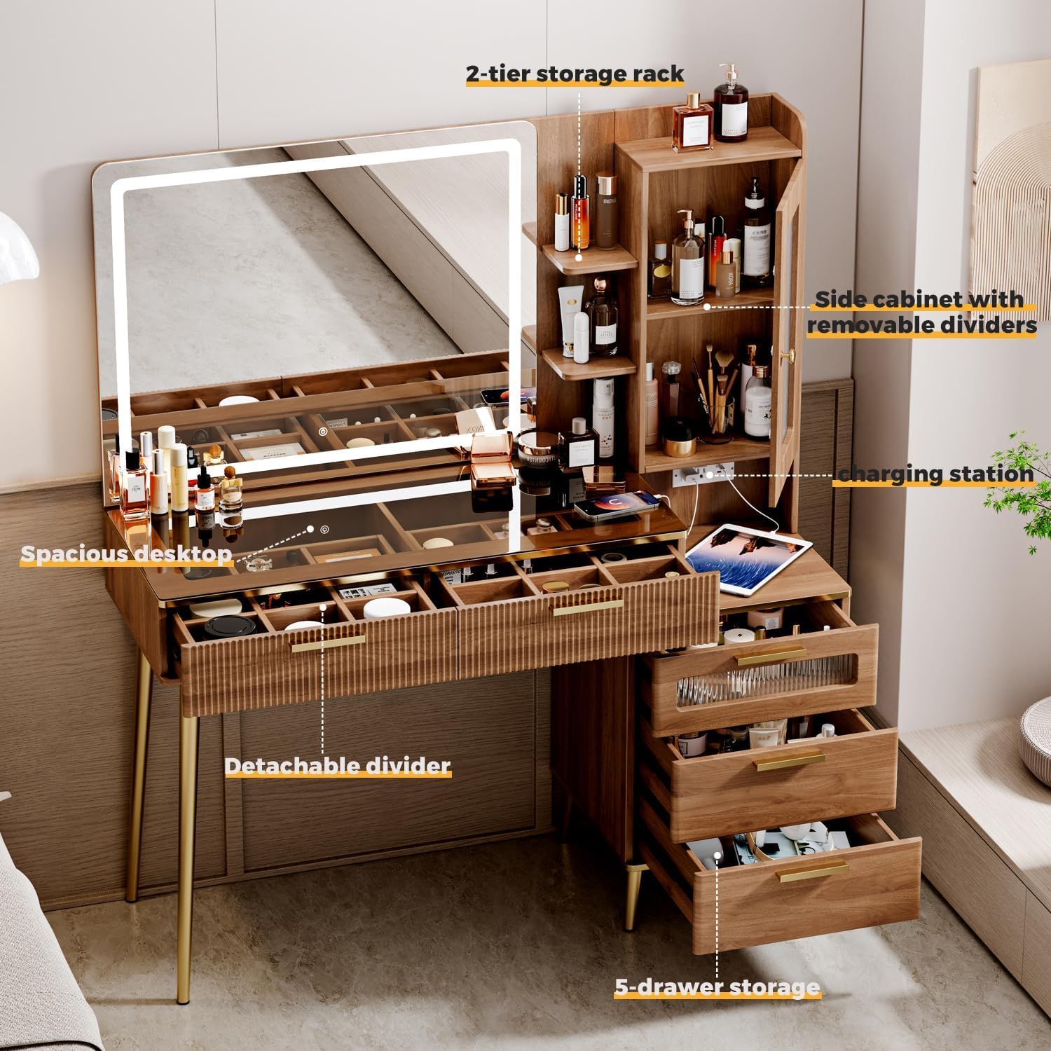 Bedroom Vanity Desk in Brown,  - Desk Charging Station 评论和价格